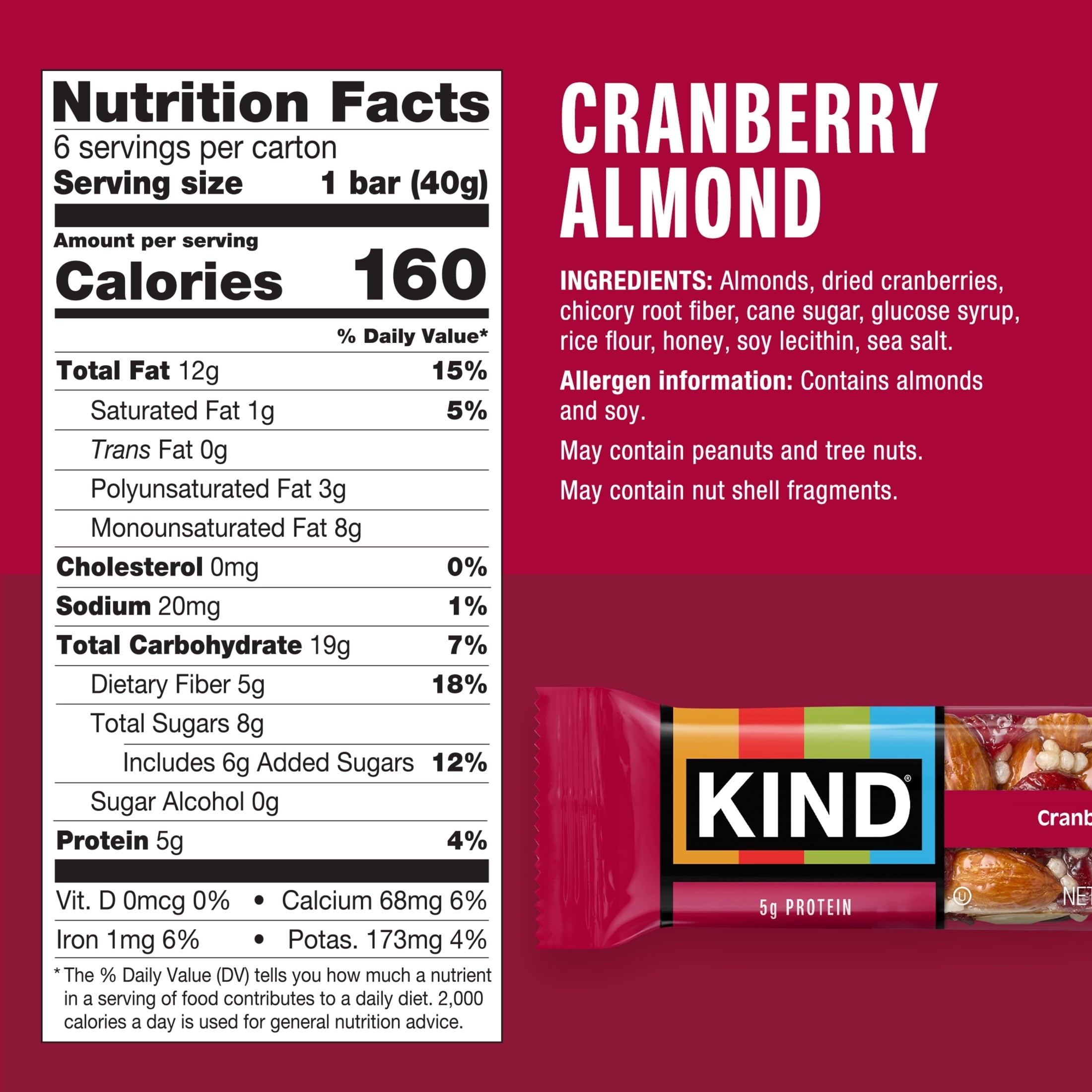 KIND Gluten Free Cranberry Almond Snack Bars. 1.4 oz. 6 Count. Cardboard Box