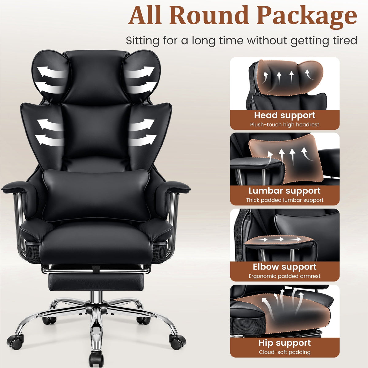 COOLHUT Big and Tall Office Chair 500LBS Wide Seat Ergonomic Computer Desk Chair. PU Leather Executive Office Chair with Footrest. Adjustable Task Chair Lumbar Back Support 8 Hour. Black