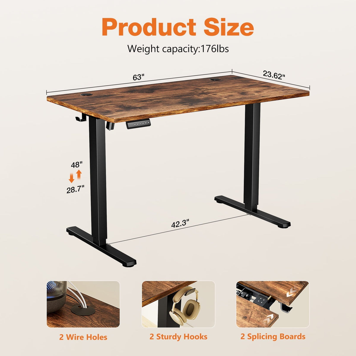 EDX Electric Adjustable Standing Desk - 63x24 Sit-to-Stand Office Desk with 2 Hooks & Wire Hole