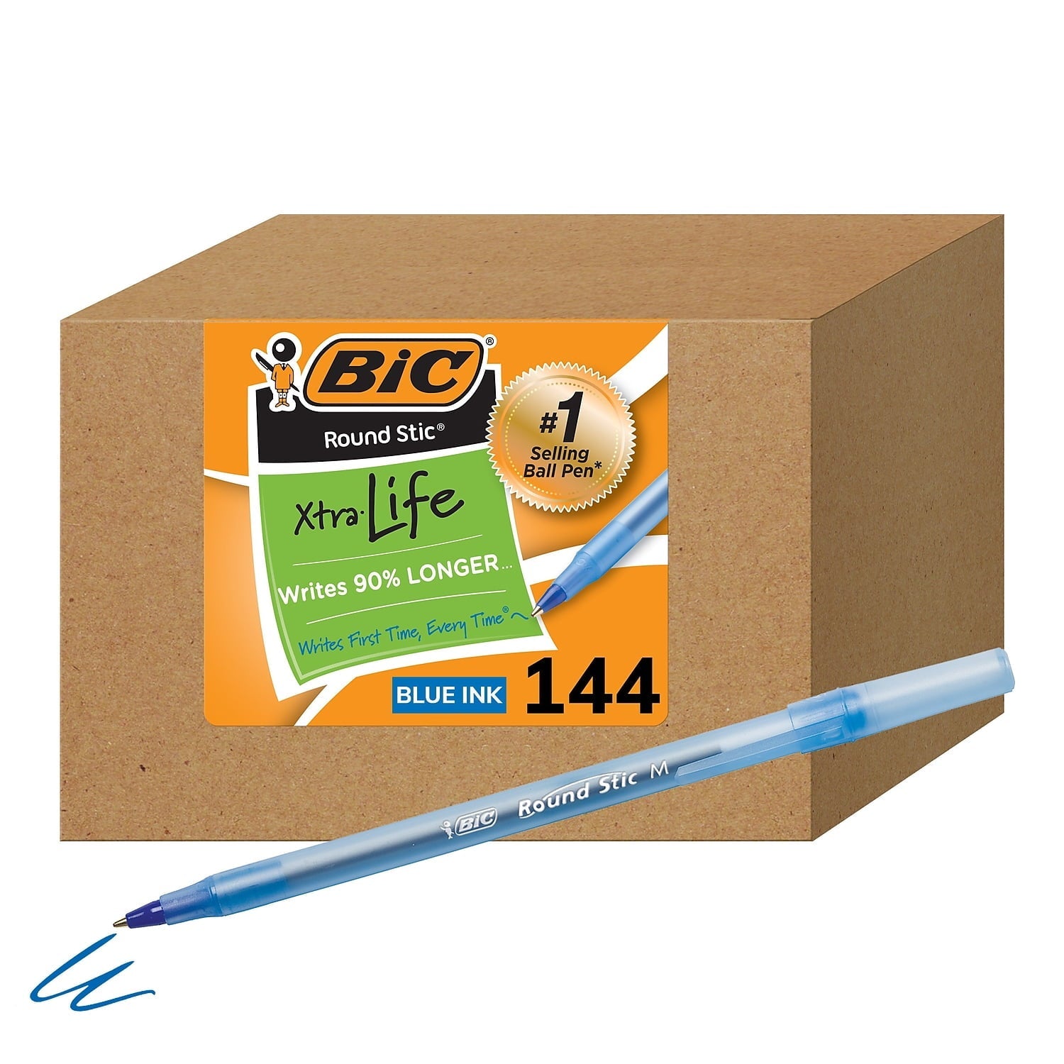 BIC Round Stic Xtra Life Ball Pen. Medium Point (1.0 mm). Blue. 144-Count