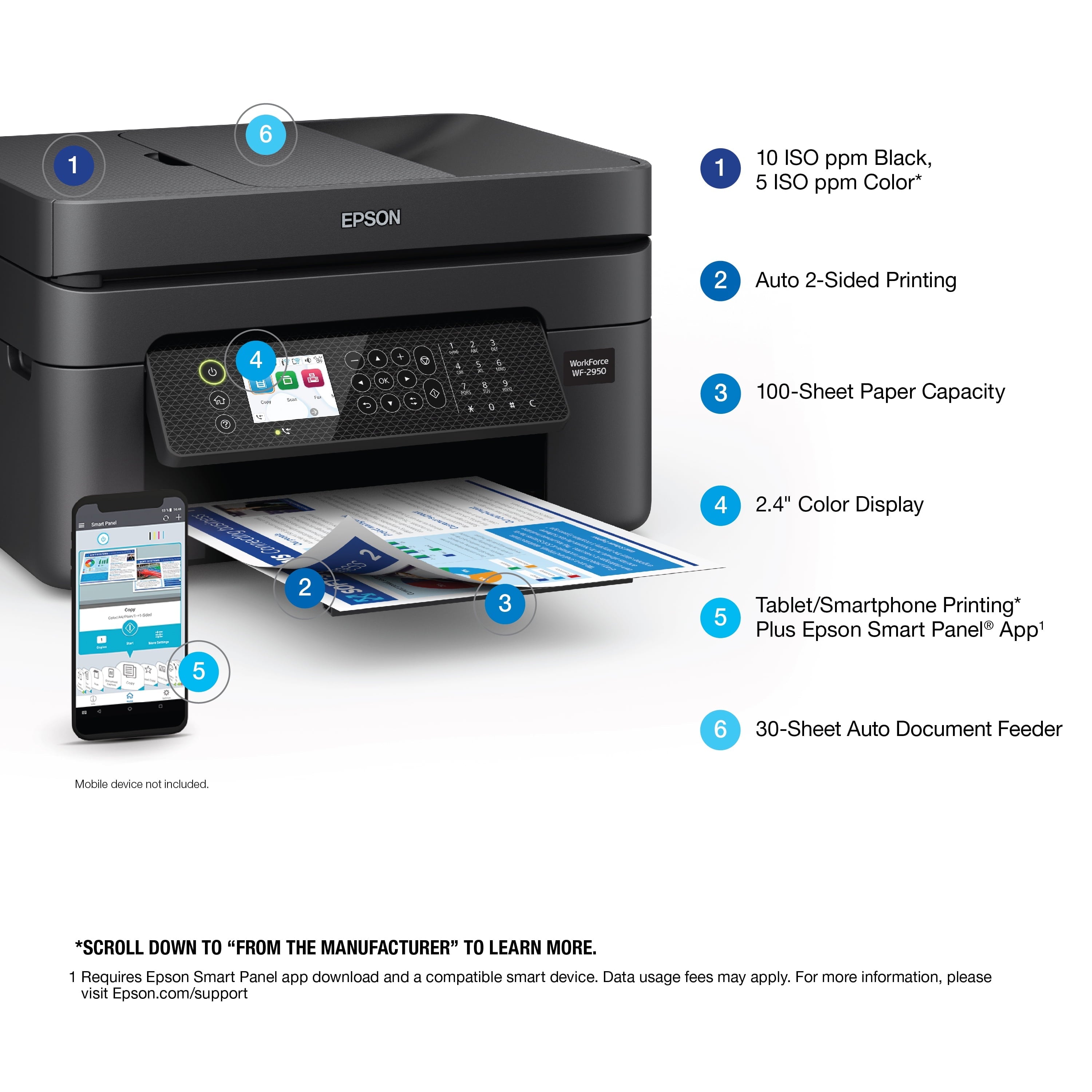 Epson WorkForce WF-2950 All-in-One Wireless Color Printer with Scanner. Copier and Fax