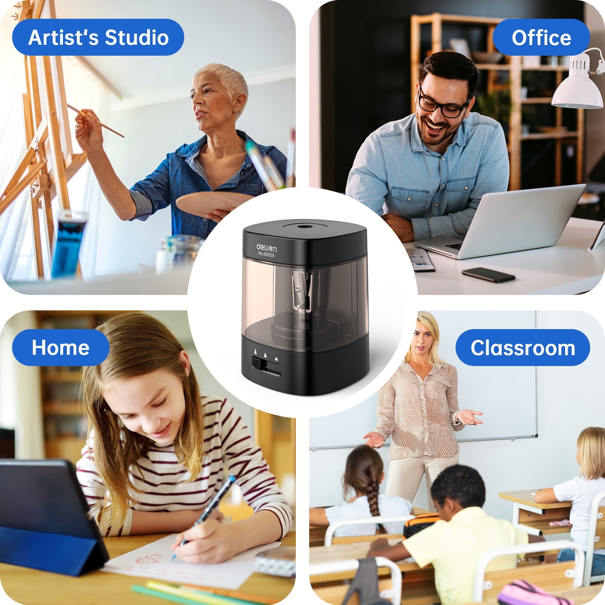 Deli Electric & Battery Pencil Sharpener. Automatic with Adjustable Thickness. Black
