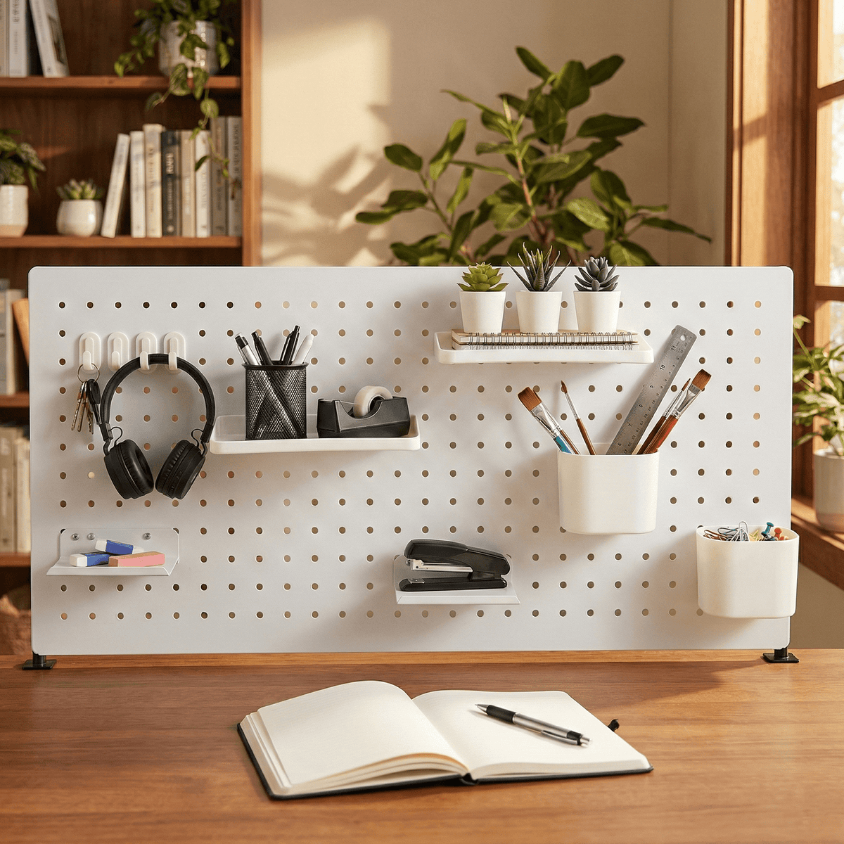 SEKAM Desk Pegboard Organizer Kit. 31.5. Clamp-On No-Drill Panel with Hooks. Shelves & Cups. White