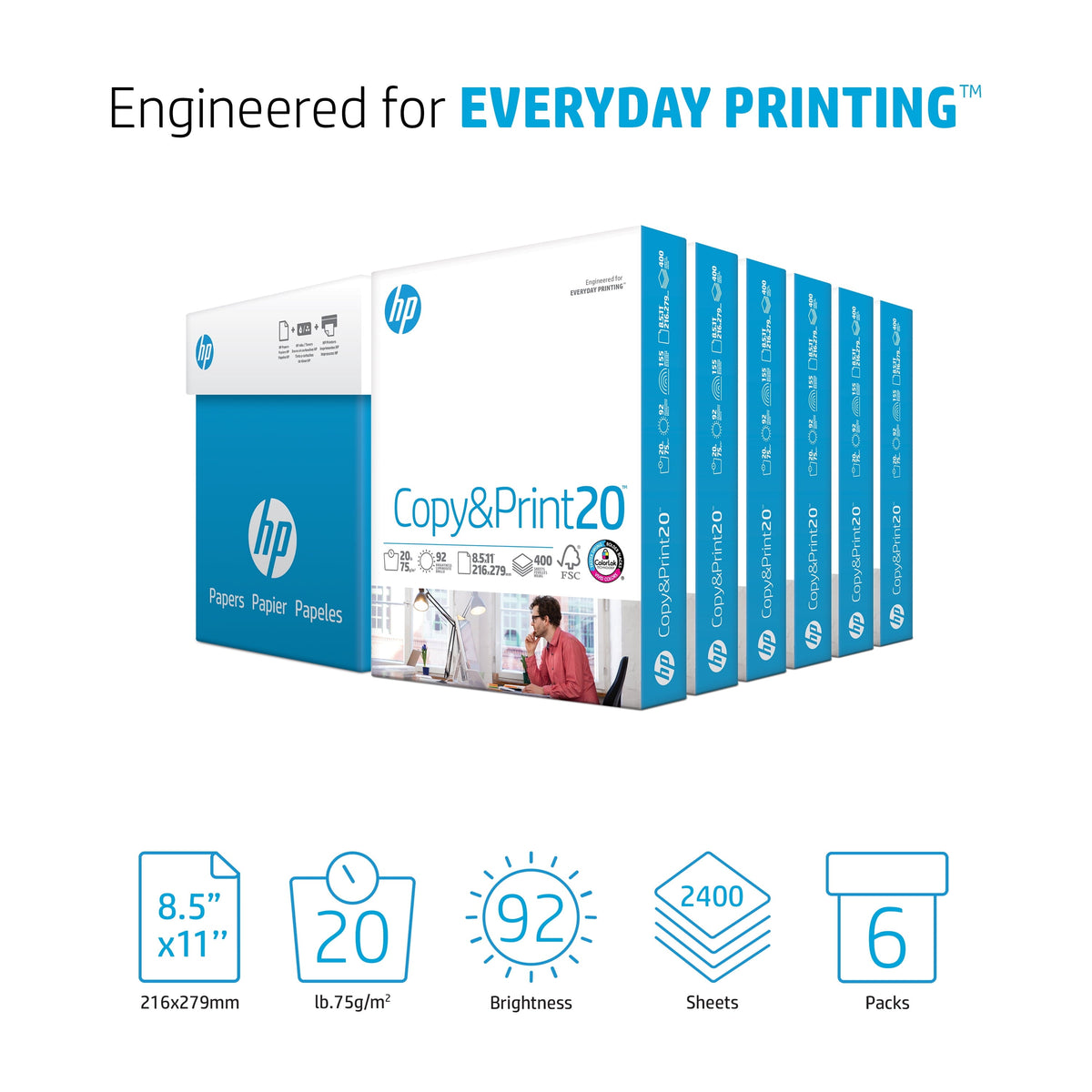 HP Printer Paper - Copy and Print. 20 lb.. 8.5 x 11. 2.400 Sheets. 6 Pack. White