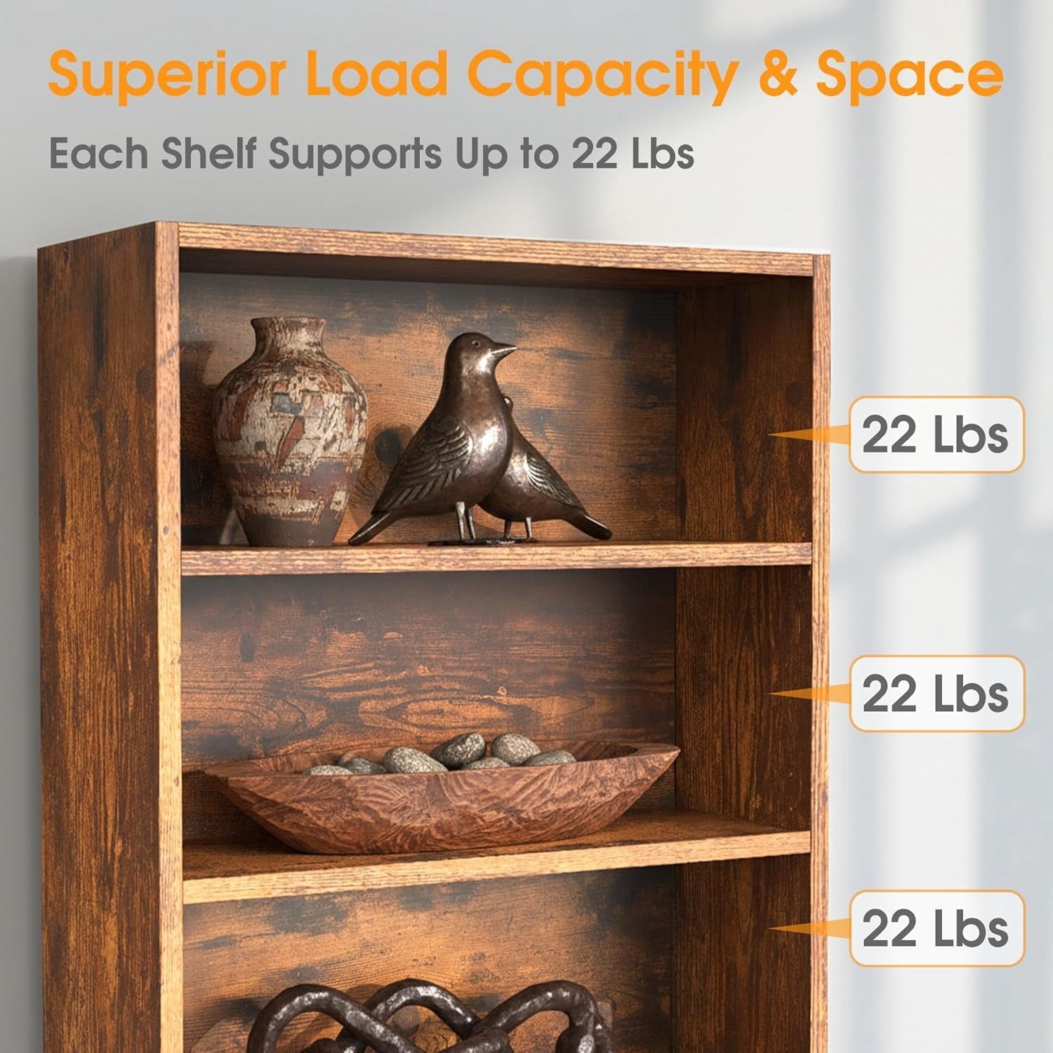 Large Bookcase. 5-Tier 63 Inch Tall Industrial Storage Wall Shelf. Display Shelf for Living room. Bedroom. Retro Brown