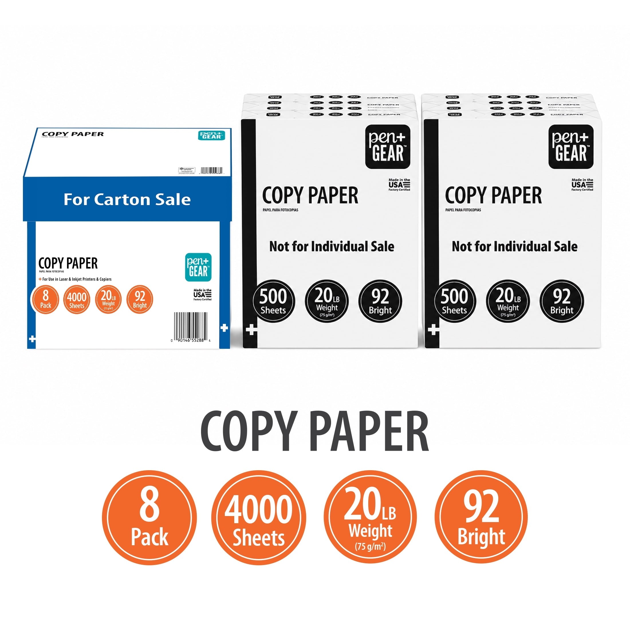 Pen+Gear Copy Paper. 8.5 x 11. 92 Bright. 20 lb. White. 8-Ream Case (4.000 Sheets)