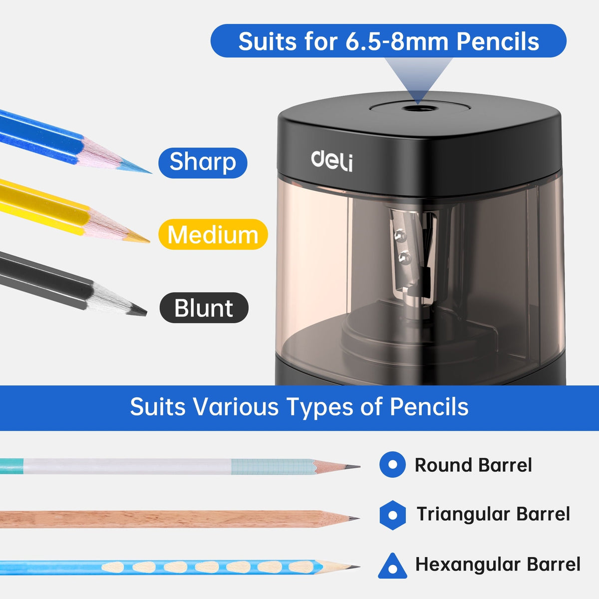 Deli Electric & Battery Pencil Sharpener. Automatic with Adjustable Thickness. Black