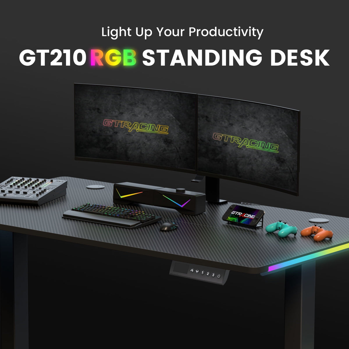 GTRACING Adjustable Height RGB Electric Sit or Stand Computer Desk with LED Lights. Black