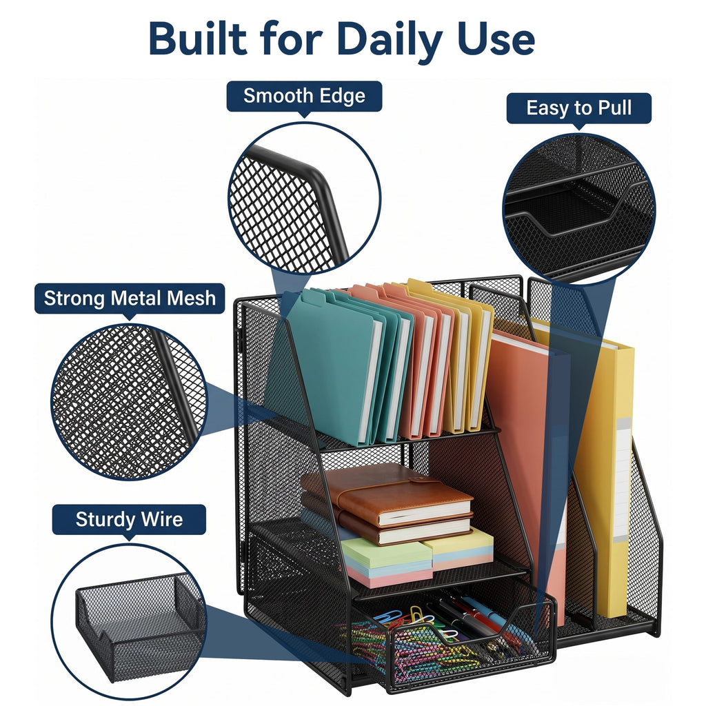 WEEUSE Mesh Desk Organizer with Drawer & 2 Pen Holders. Black