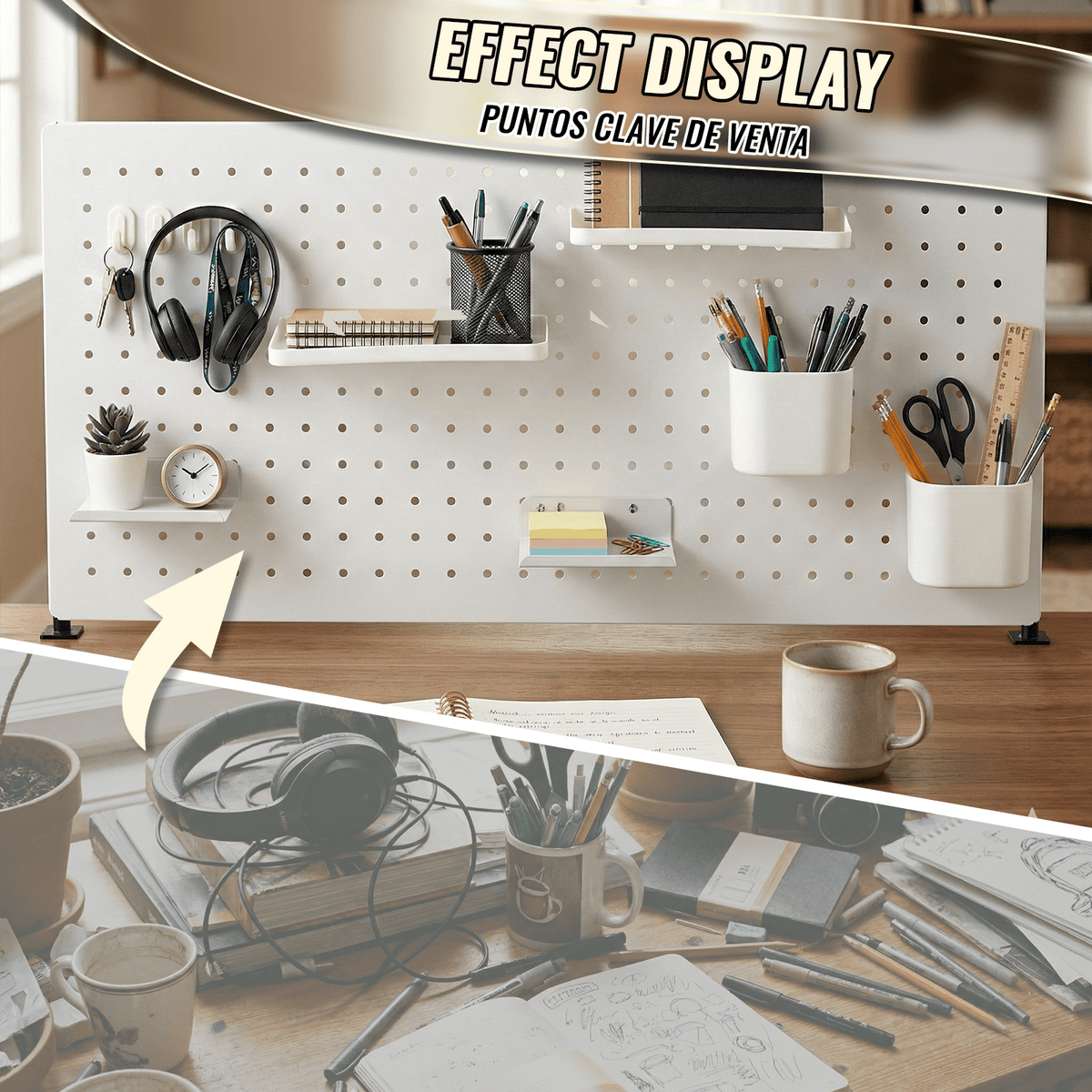 SEKAM Desk Pegboard Organizer Kit. 31.5. Clamp-On No-Drill Panel with Hooks. Shelves & Cups. White