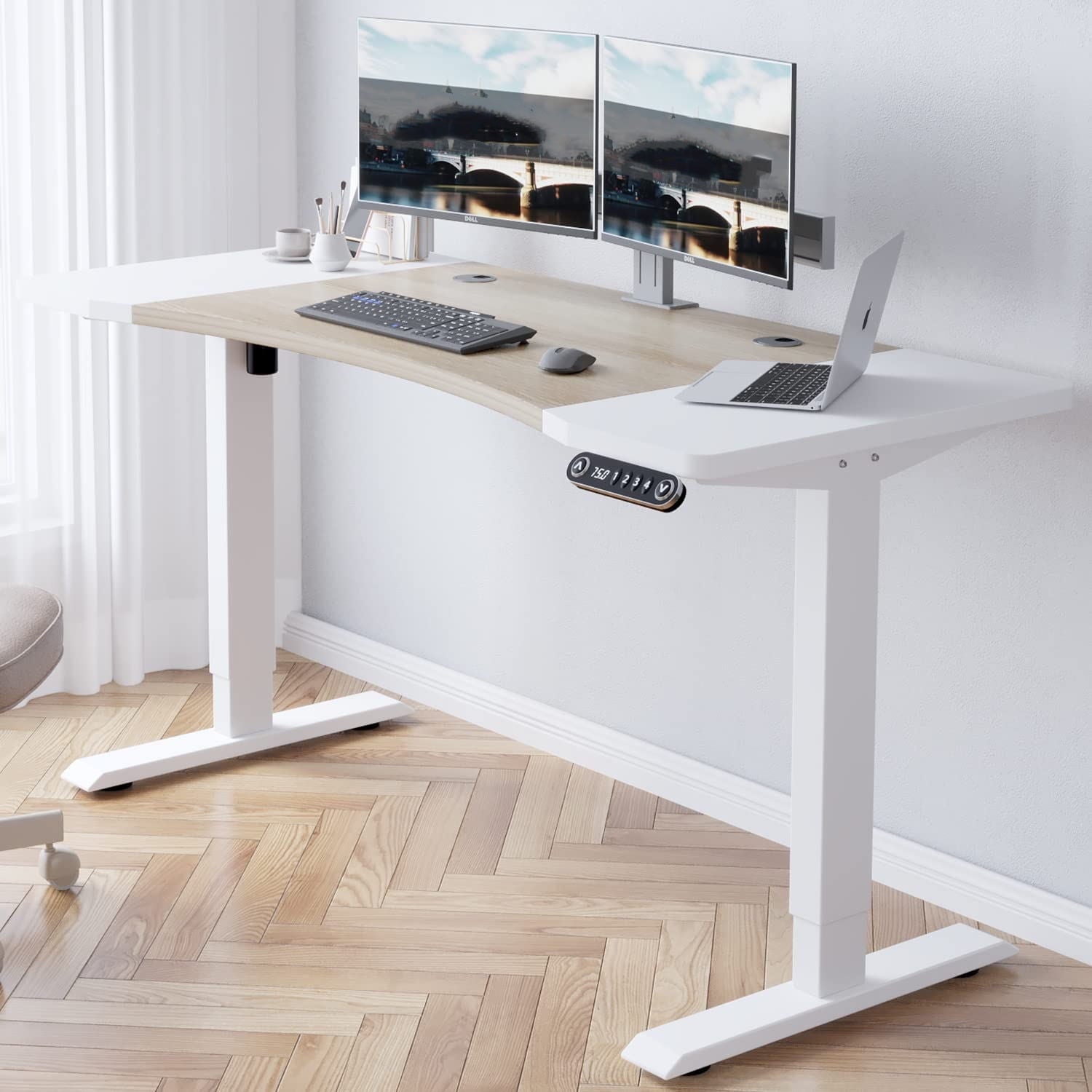 Dual Motor Height Adjustable Standing Desk 63 x 30''  Height Adjustable Computer Desk Sit Stand Desk Home Office Desks with Splice Board White Frame + White Top