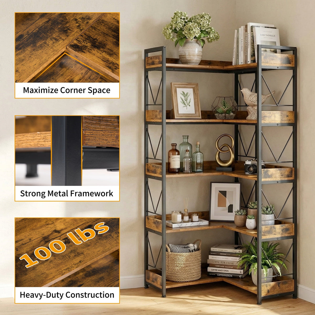 EDX 5-Tier Corner Shelf.  65'' L-Shaped Display Bookshelf . Industrial Wooden Bookcase with Metal Frame for Home . Office. Rustic Brown