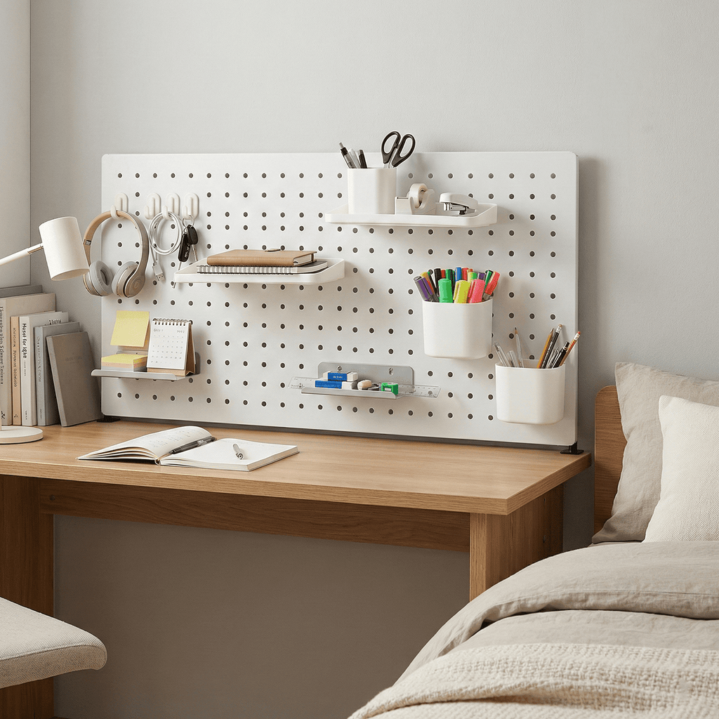 SEKAM Desk Pegboard Organizer Kit. 31.5. Clamp-On No-Drill Panel with Hooks. Shelves & Cups. White