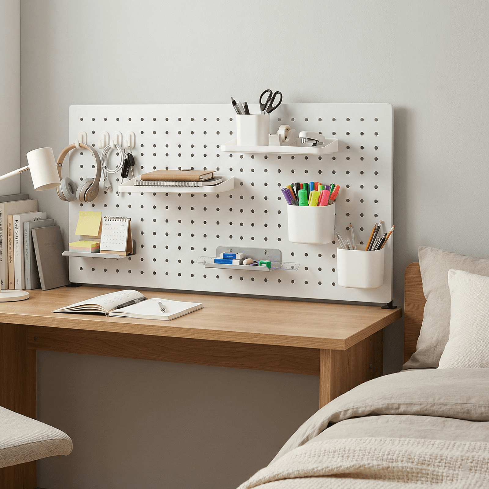 SEKAM Desk Pegboard Organizer Kit. 31.5. Clamp-On No-Drill Panel with Hooks. Shelves & Cups. White