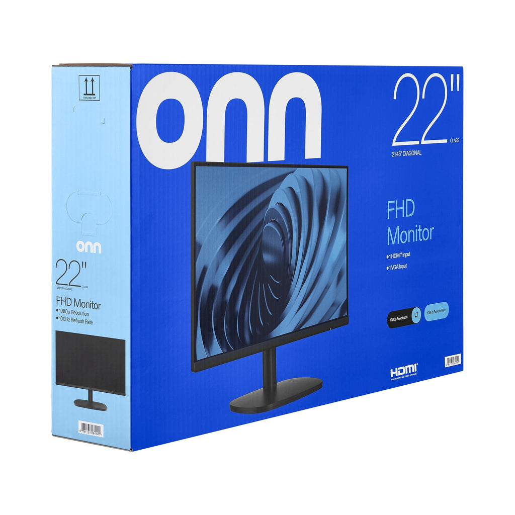onn 22 FHD (1920 x 1080p) 100hz Office Monitor with 6 ft HDMI Cable. Black