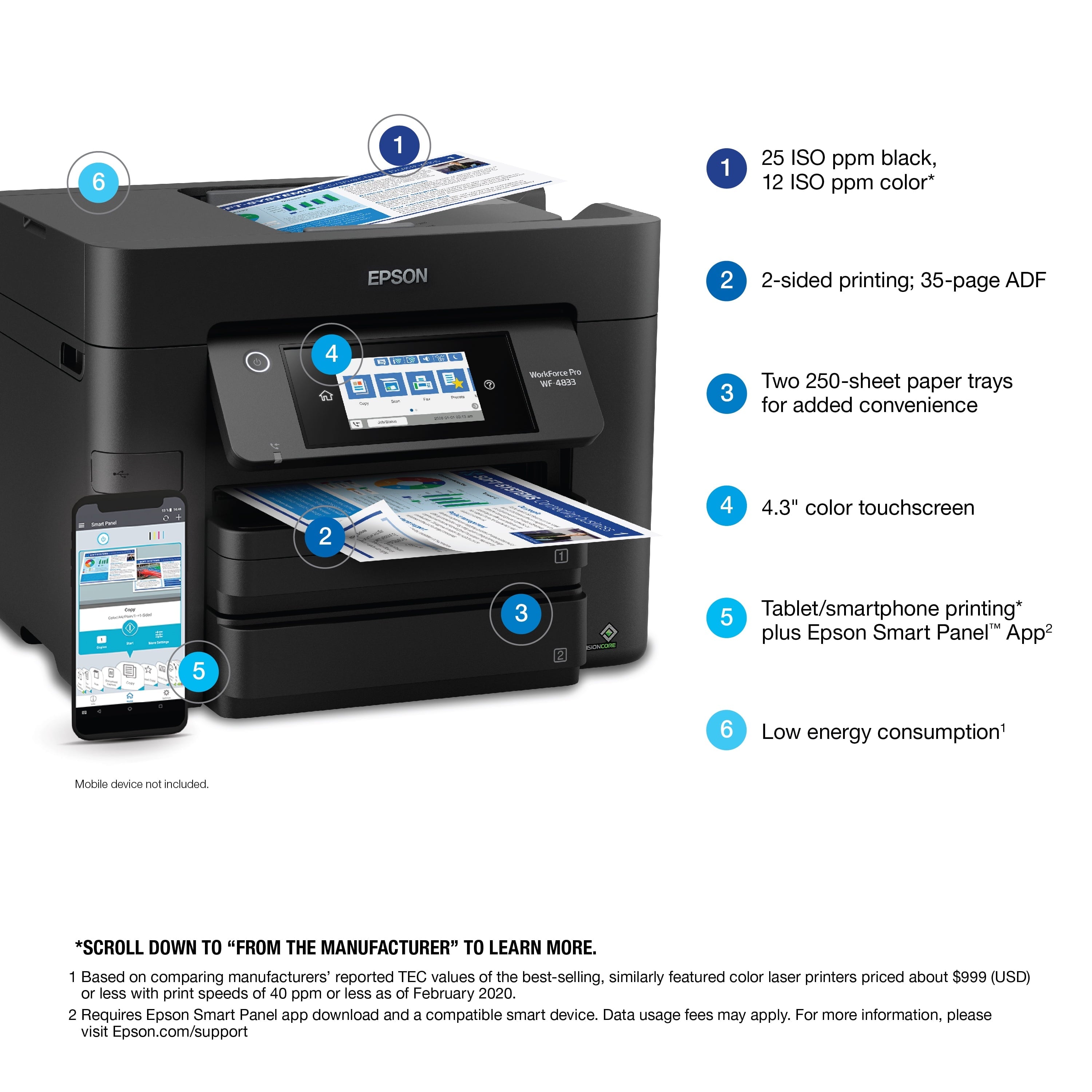 WorkForce Pro WF-4833 Wireless All-in-One Printer with Auto 2-Sided Print. 50-page ADF. 500-sheet Paper Capacity. and 4.3 Color Touchscreen