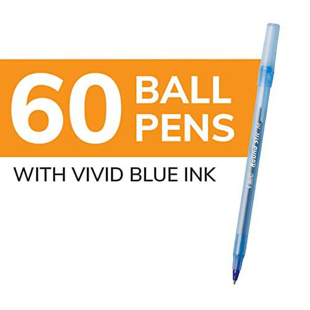 BIC Round Stic Xtra Life Ballpoint Pen. Medium Point (1.0mm). Blue. Flexible Round Barrel For Writing Comfort. 60-Count