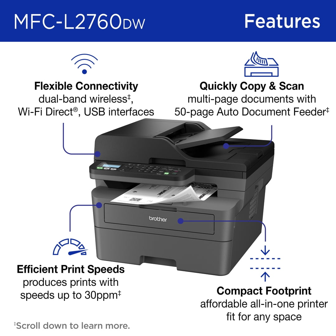 Brother Wireless MFC-L2760DW Compact Monochrome All-in-One Laser Printer with Copy. Scan and Fax. Duplex and Mobile Printing