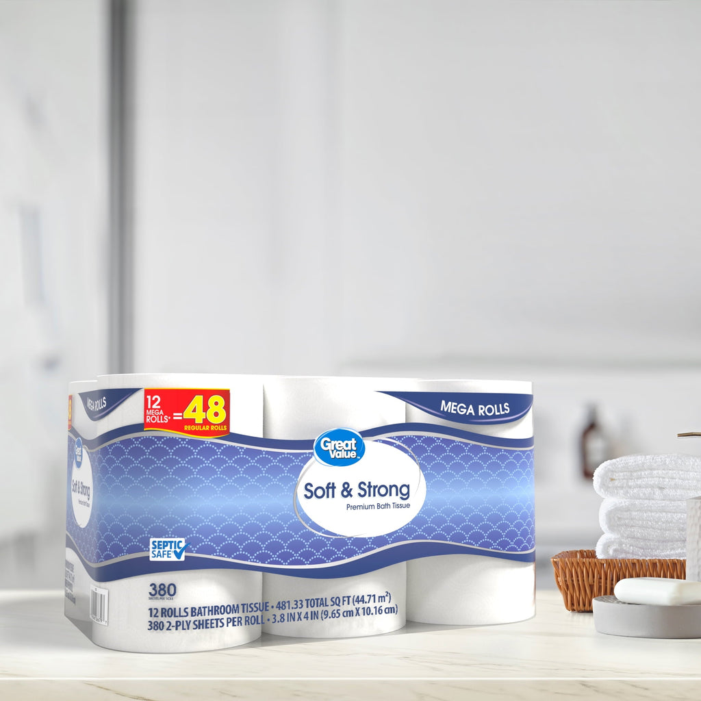 Great Value Soft & Strong Premium Toilet Paper. 12 Mega Rolls. 380 Sheets per Roll