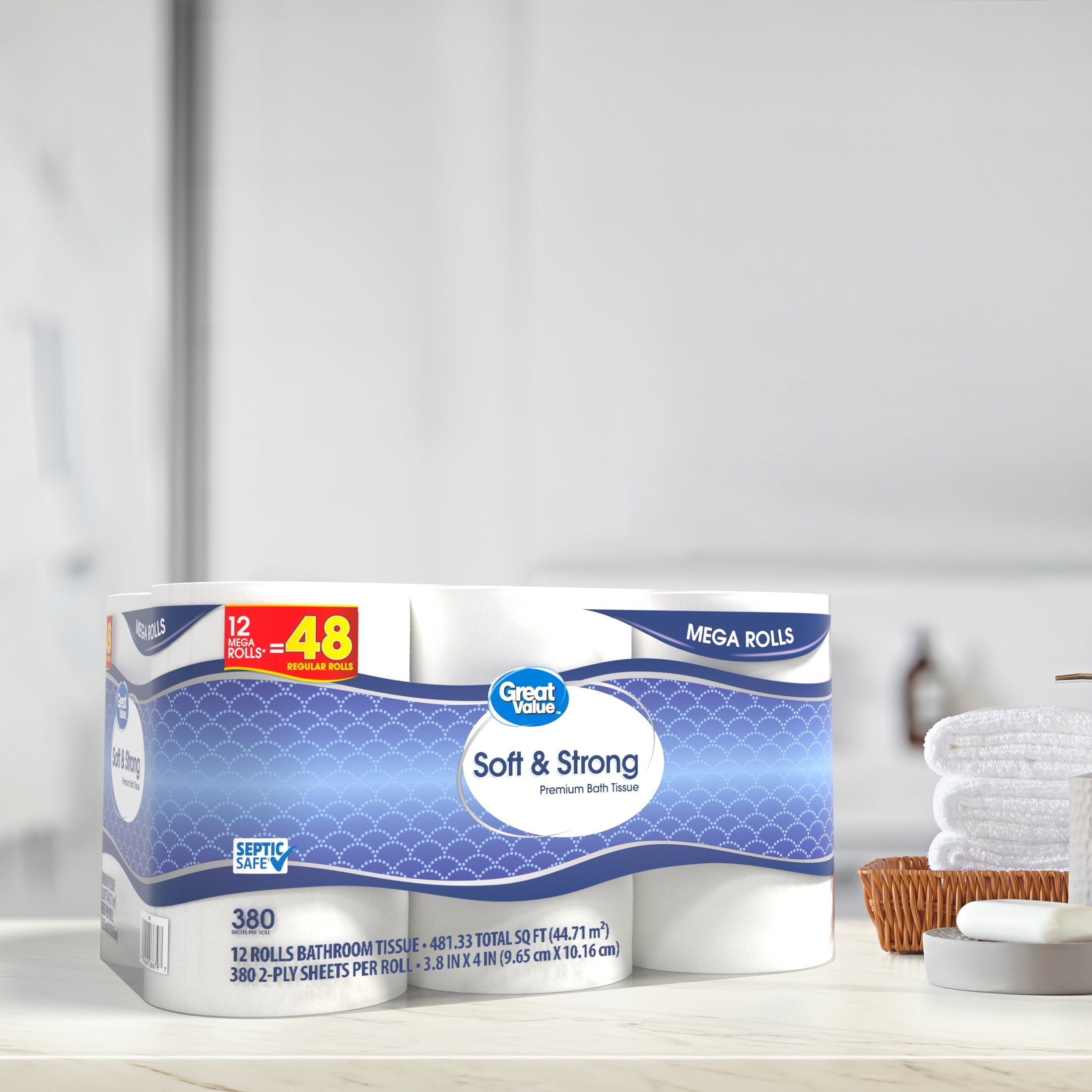 Great Value Soft & Strong Premium Toilet Paper. 12 Mega Rolls. 380 Sheets per Roll