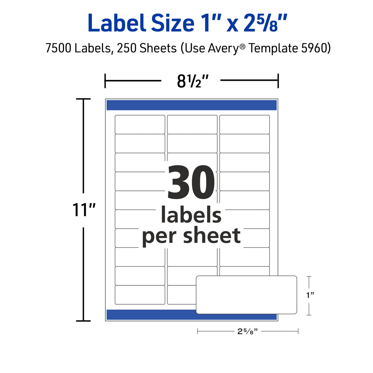 Avery Easy Peel  Address Labels. 1 x 2-5/8. White. 7.500 Labels (5960)