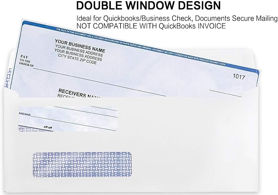 HERKKA #8 Double-Window Self-Seal Security Check Envelopes. QuickBooks Compatible. 500 Pack