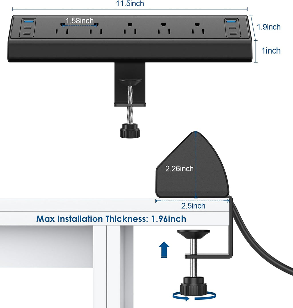 Jgstkcity Desk Clamp Power Strip with USB-C. 40W Fast Charging Station. 4 PD 20W USB-C Ports. 2 USB-A. 5 Outlets. Desk Edge Mount Surge Protector. ETL Listed