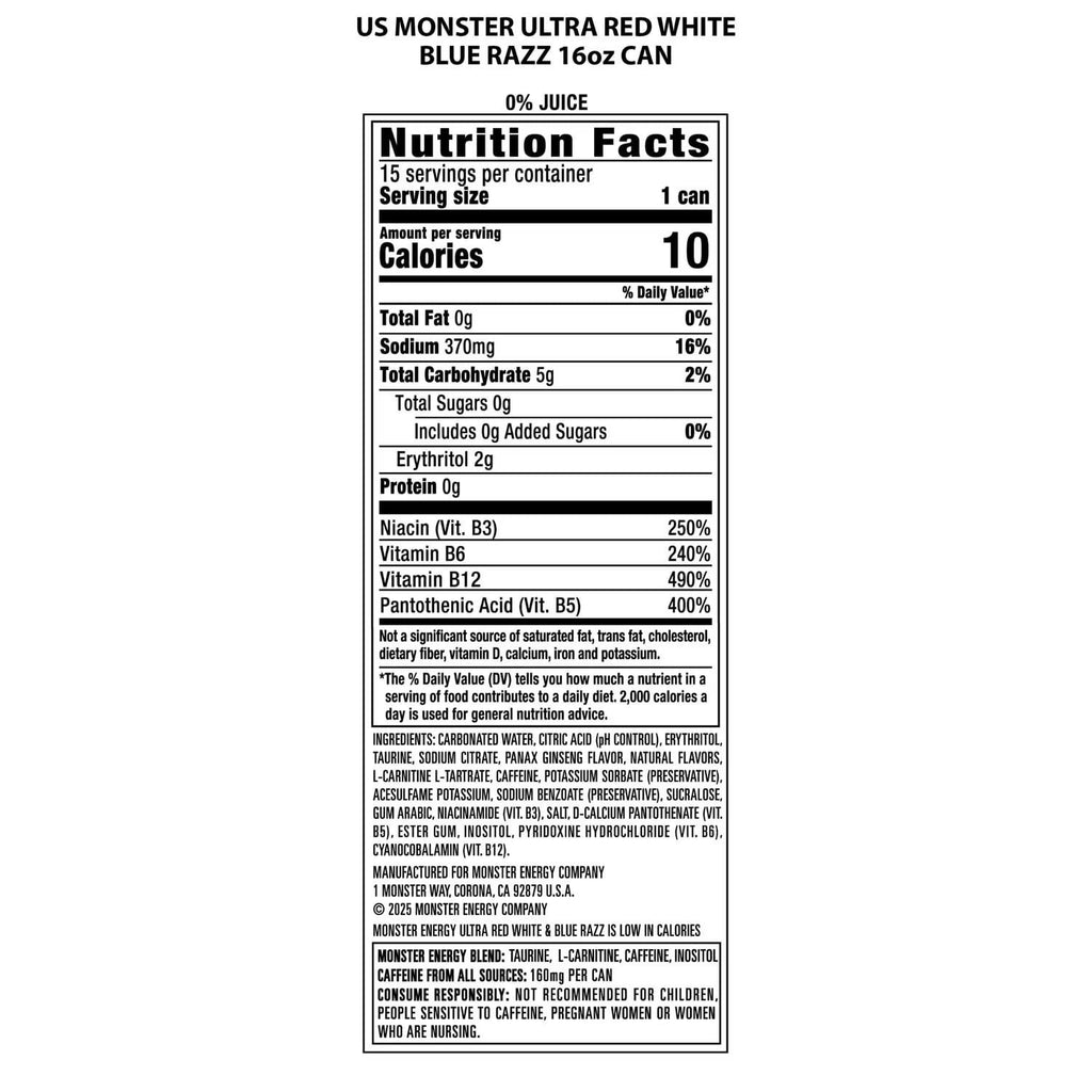 Monster Energy Ultra Sugar Free. Red White & Blue Razz. 16 fl oz. 18 Pack