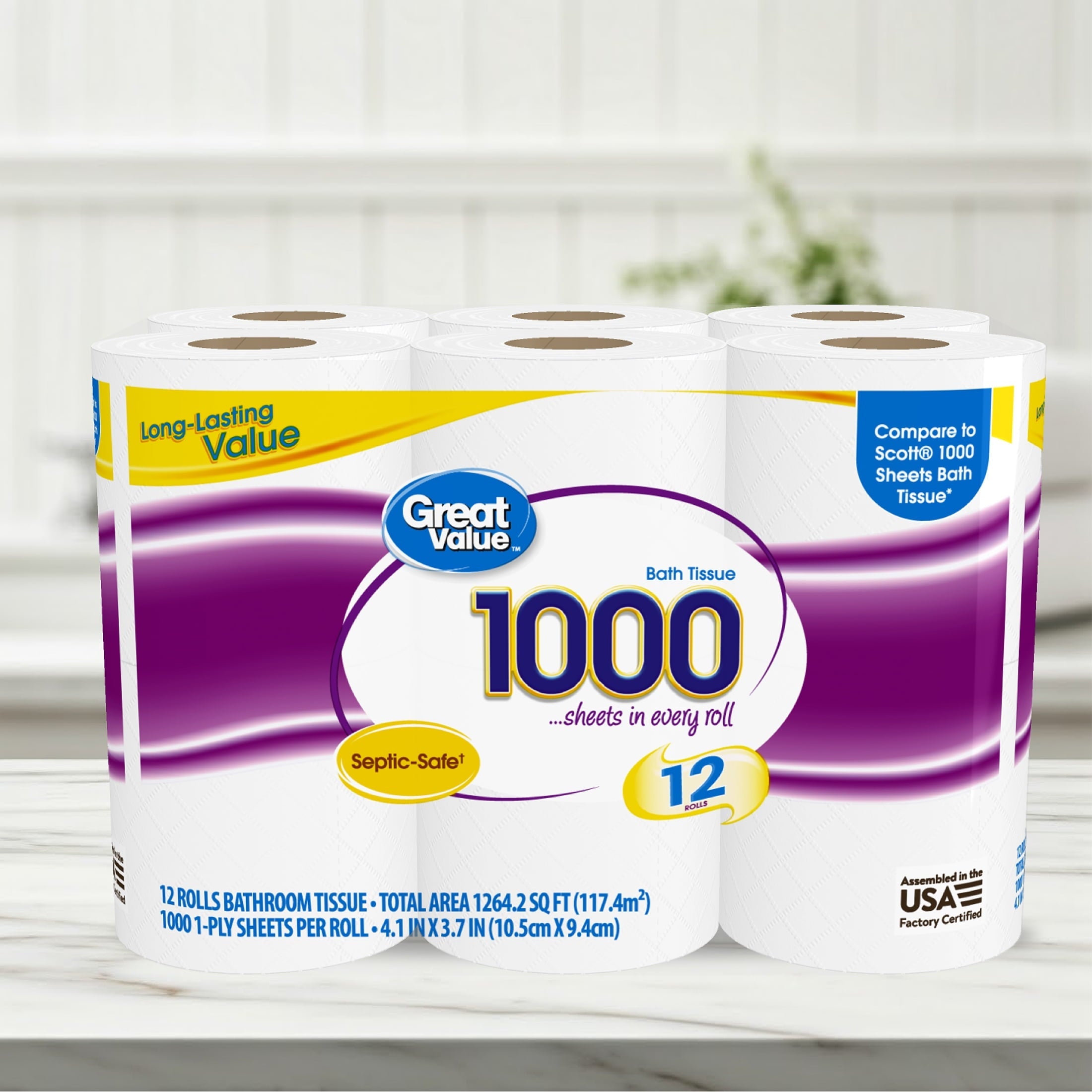 Great Value 1000 Sheets per Roll Toilet Paper. 12 Rolls