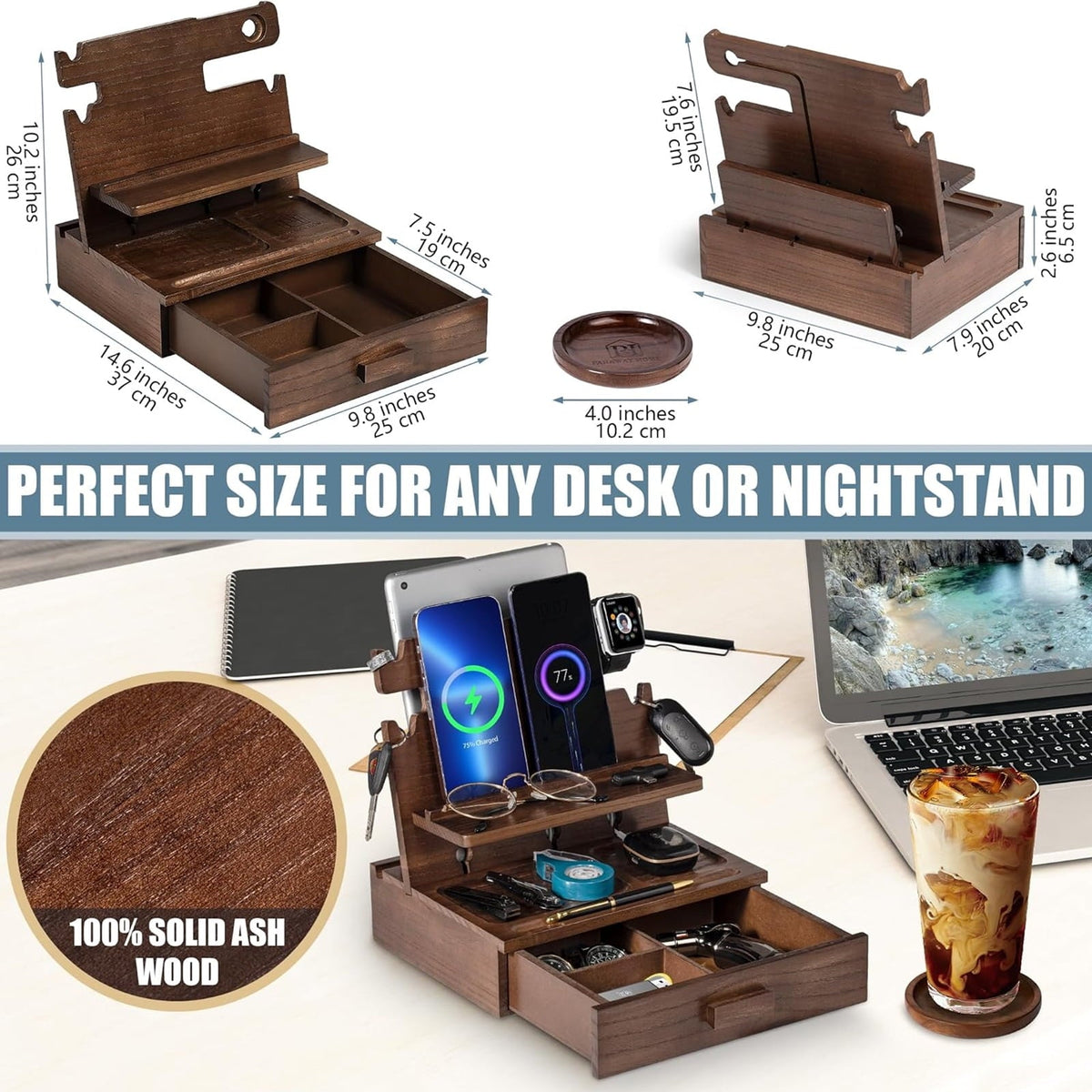 Petyoung Wood Phone Docking Station for up to 3 Phones. Nightstand Organizer with Drawer & Coaster