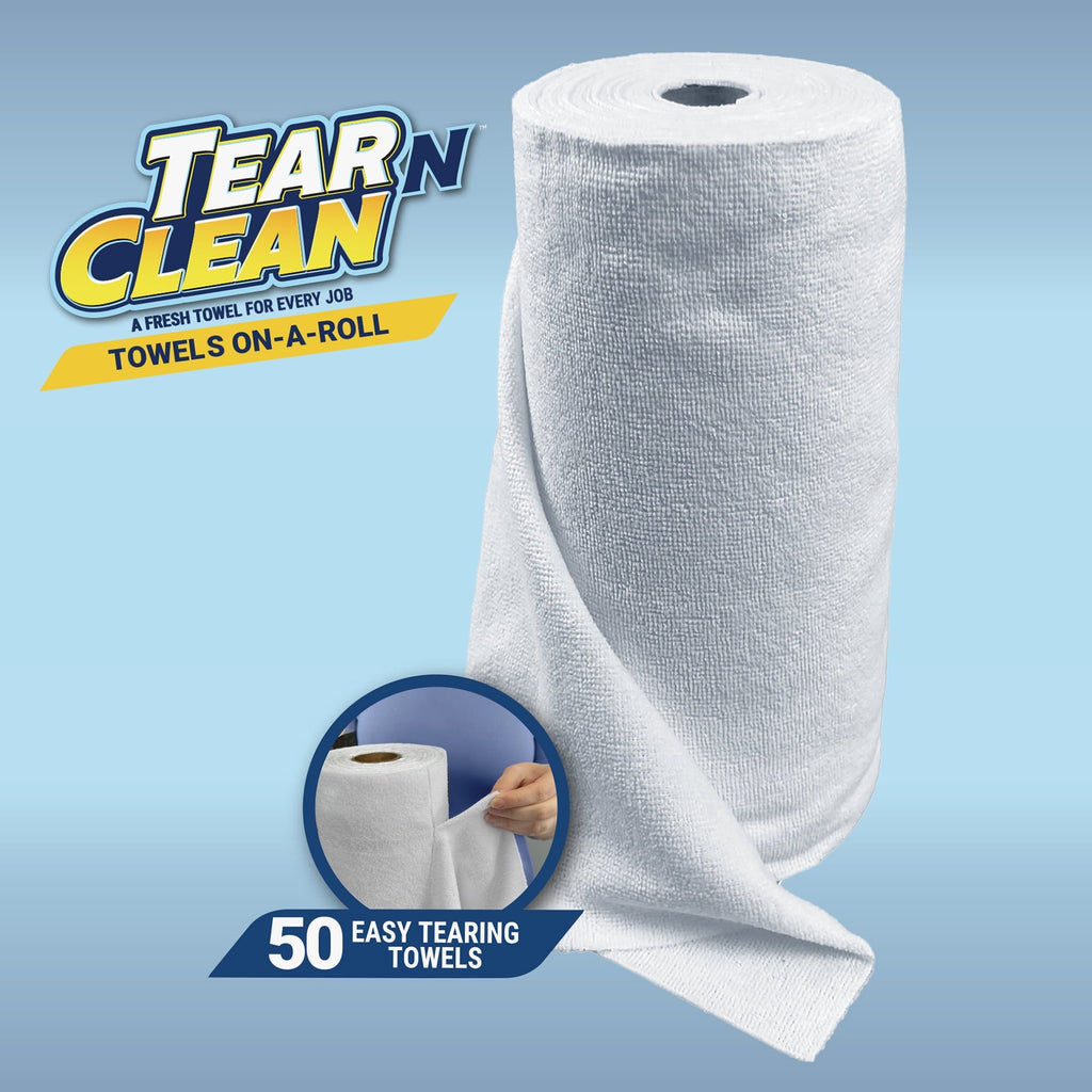 Tear-N-Clean Reusable Microfiber Cleaning Towels on a Roll. 50 Count. White
