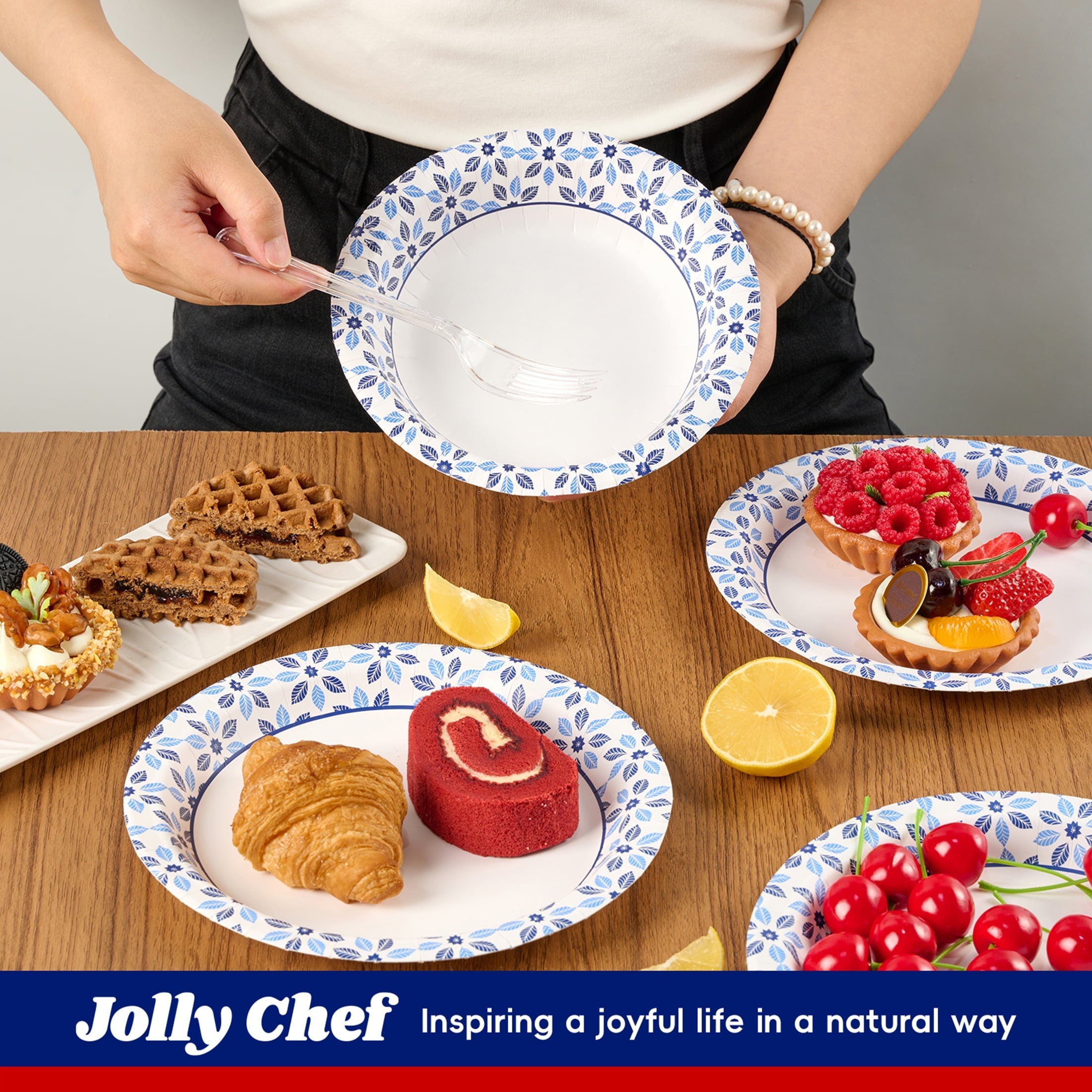 JOLLY CHEF Disposable Paper Bowls. Strong. Soak-Proof. Microwave Safe. 20 oz. Patterned. 150 Count