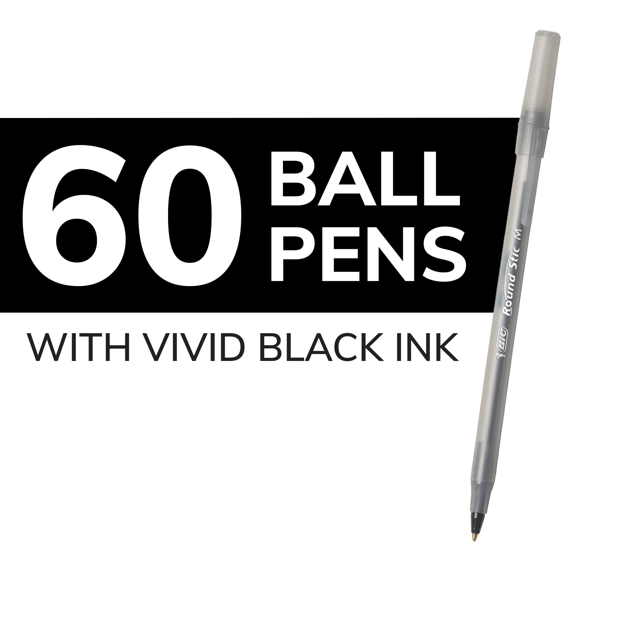 BIC Round Stic Xtra Life Ballpoint Pens. Medium. Black. 60-Count