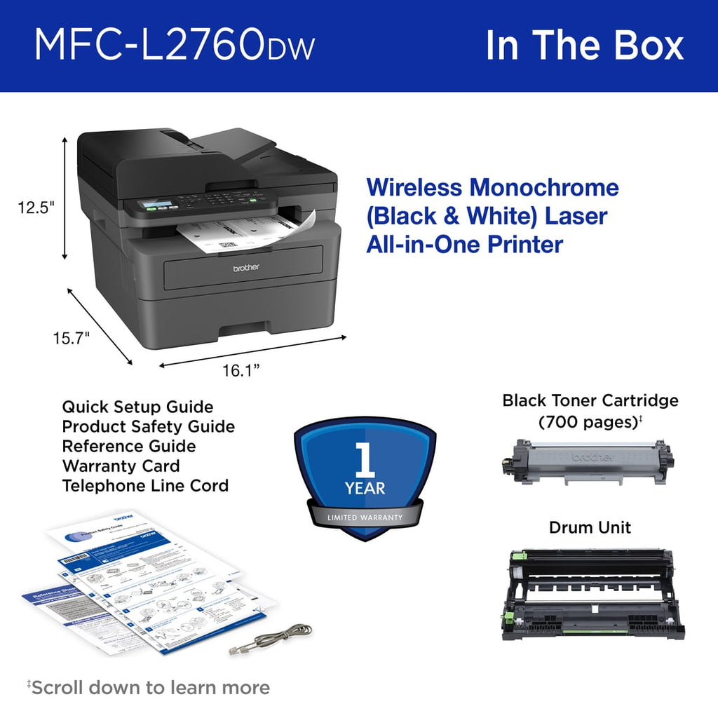 Brother Wireless MFC-L2760DW Compact Monochrome All-in-One Laser Printer with Copy. Scan and Fax. Duplex and Mobile Printing