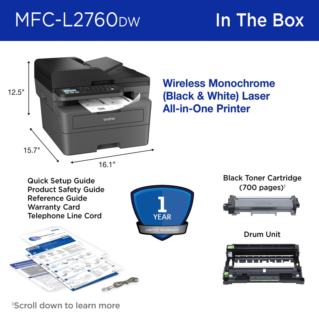 Brother Wireless MFC-L2760DW Compact Monochrome All-in-One Laser Printer with Copy. Scan and Fax. Duplex and Mobile Printing