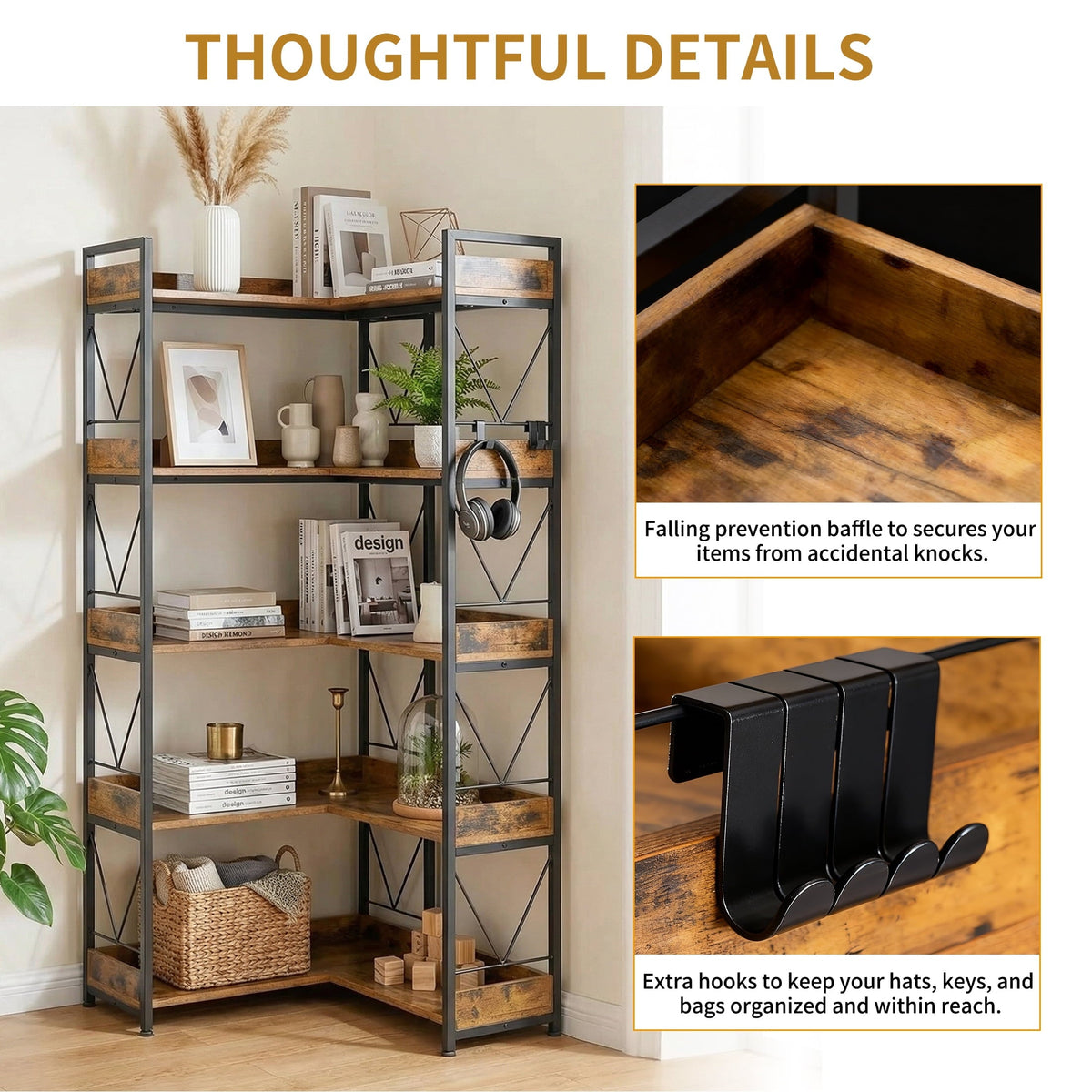 EDX 5-Tier Corner Shelf.  65'' L-Shaped Display Bookshelf . Industrial Wooden Bookcase with Metal Frame for Home . Office. Rustic Brown