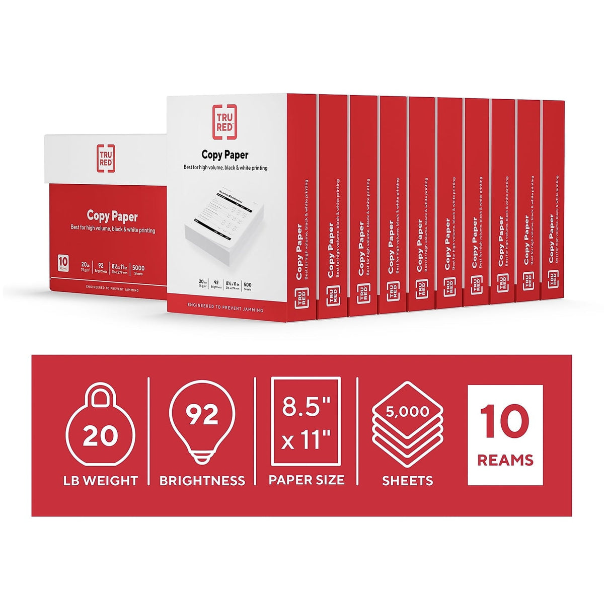 TRU RED Printer Paper. 8.5 x 11. 20 lb. 92 Bright. White. 10-Ream Carton (5.000 Sheets)