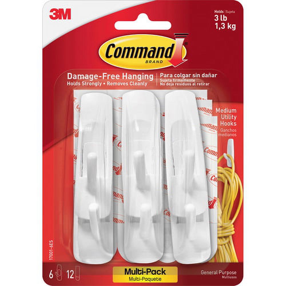Command Medium Wall Hooks. White. 6 Hooks