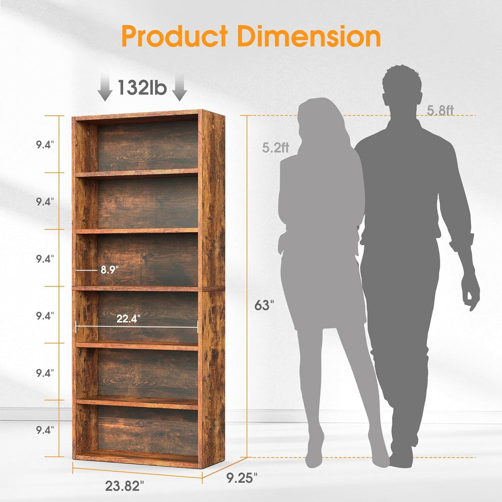 Large Bookcase. 5-Tier 63 Inch Tall Industrial Storage Wall Shelf. Display Shelf for Living room. Bedroom. Retro Brown