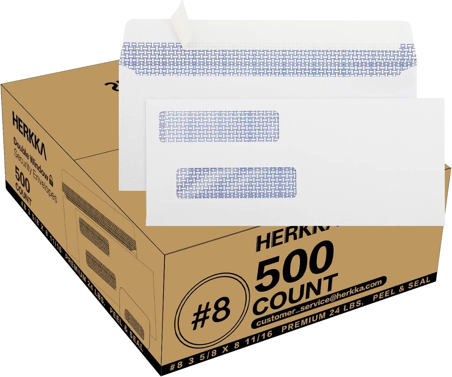 HERKKA #8 Double-Window Self-Seal Security Check Envelopes. QuickBooks Compatible. 500 Pack