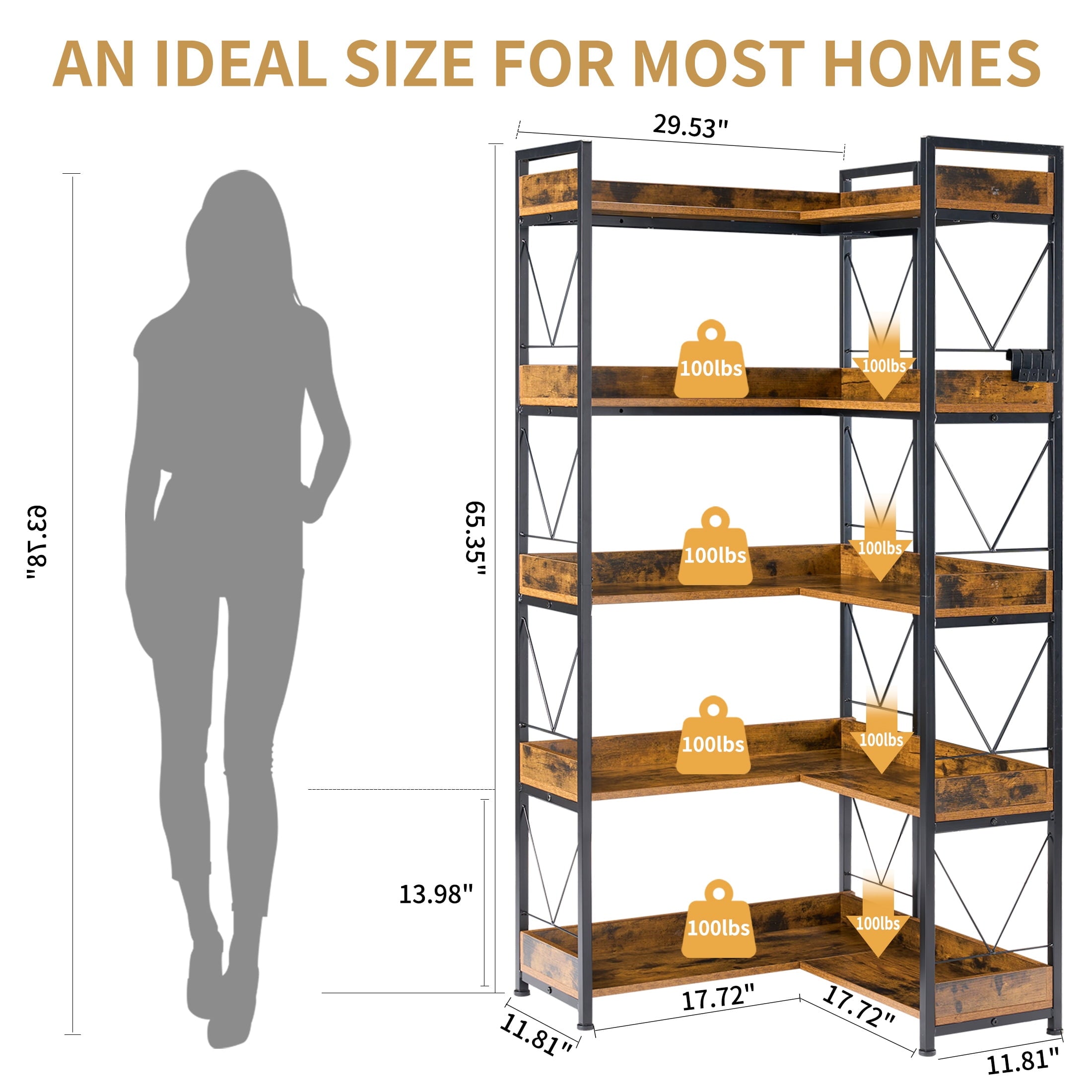 EDX 5-Tier Corner Shelf.  65'' L-Shaped Display Bookshelf . Industrial Wooden Bookcase with Metal Frame for Home . Office. Rustic Brown