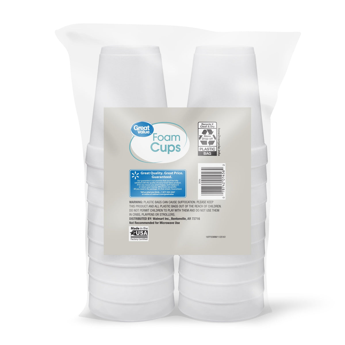 Great Value 16 oz Foam Cups. 20 count