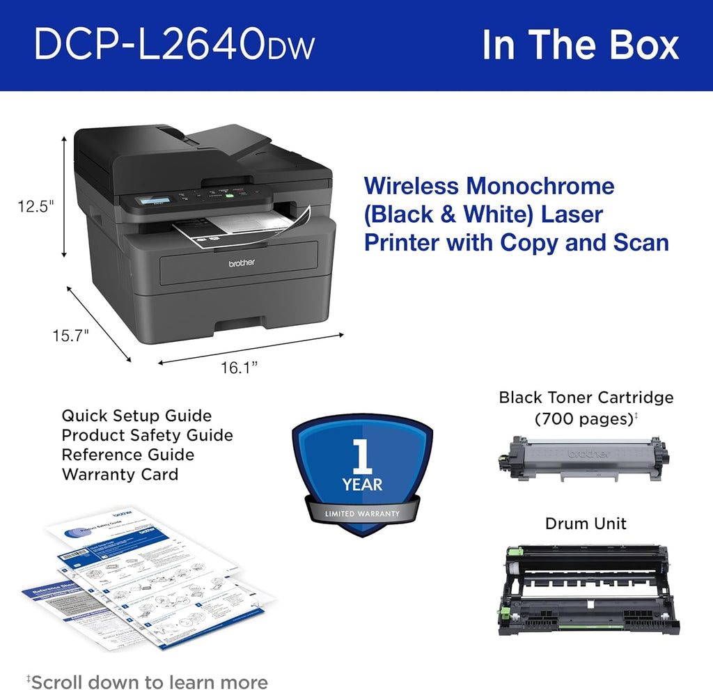 Brother Wireless DCP-L2640DW Compact Monochrome Multi-Function Laser Printer with Print. Copy and Scan. Duplex and Mobile Printing (Sold without manufacturer warranty)