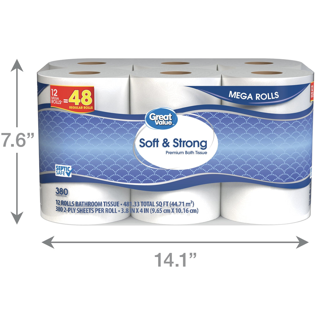 Great Value Soft & Strong Premium Toilet Paper. 12 Mega Rolls. 380 Sheets per Roll