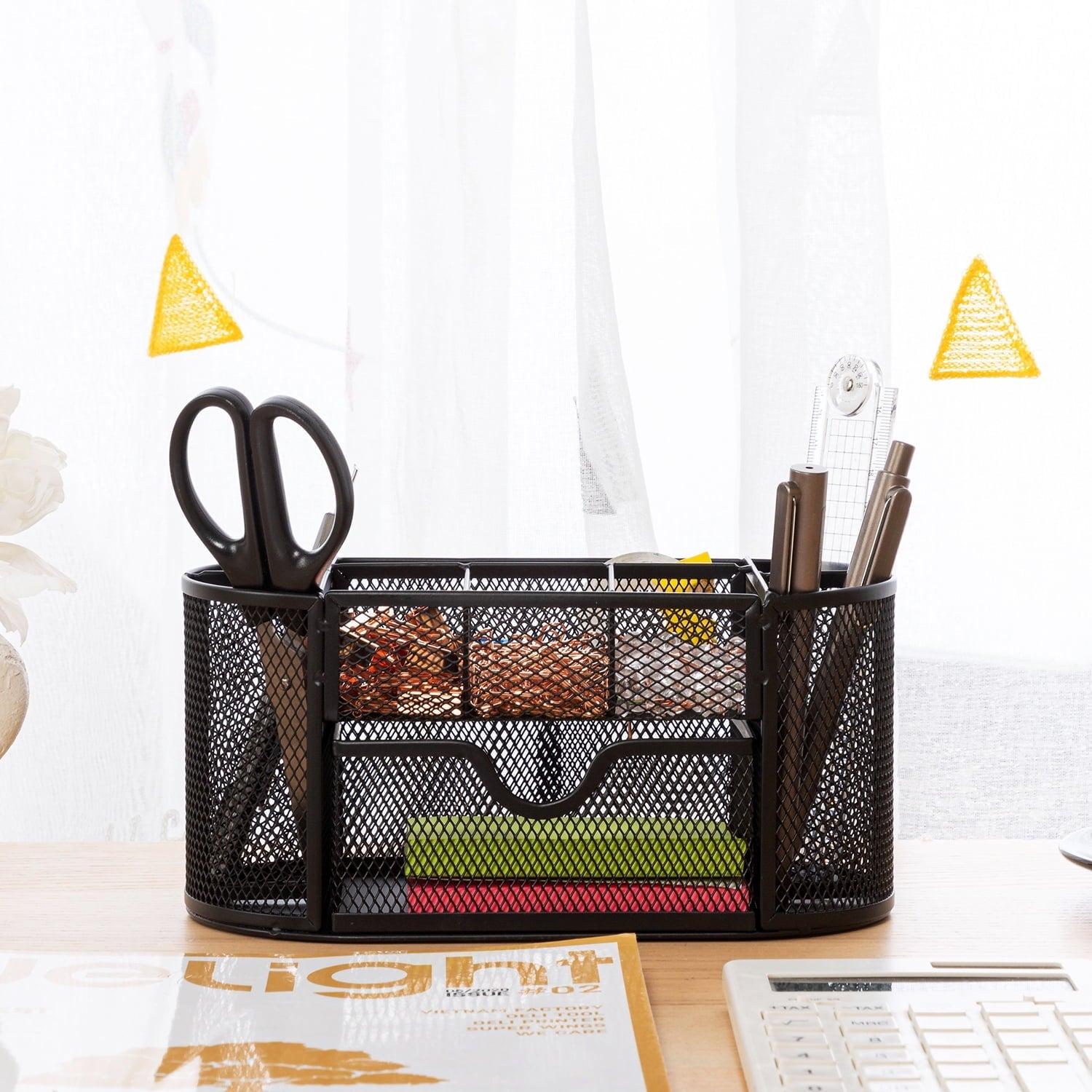 Mesh Desk Organizer with Drawer. 8 Compartments. Black