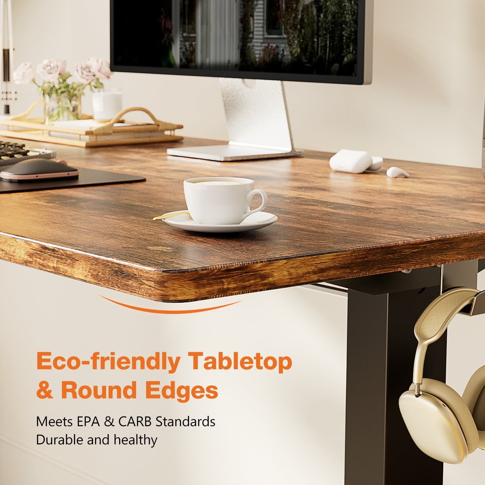 EDX Electric Adjustable Standing Desk - 63x24 Sit-to-Stand Office Desk with 2 Hooks & Wire Hole