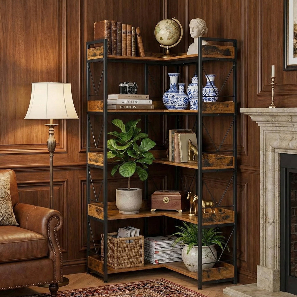 EDX 5-Tier Corner Shelf.  65'' L-Shaped Display Bookshelf . Industrial Wooden Bookcase with Metal Frame for Home . Office. Rustic Brown
