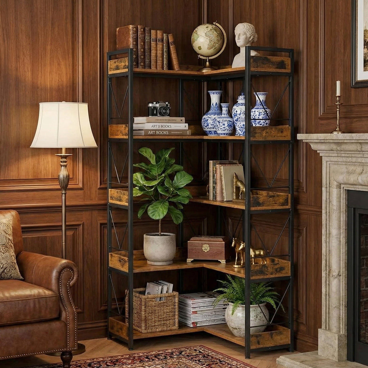 EDX 5-Tier Corner Shelf.  65'' L-Shaped Display Bookshelf . Industrial Wooden Bookcase with Metal Frame for Home . Office. Rustic Brown