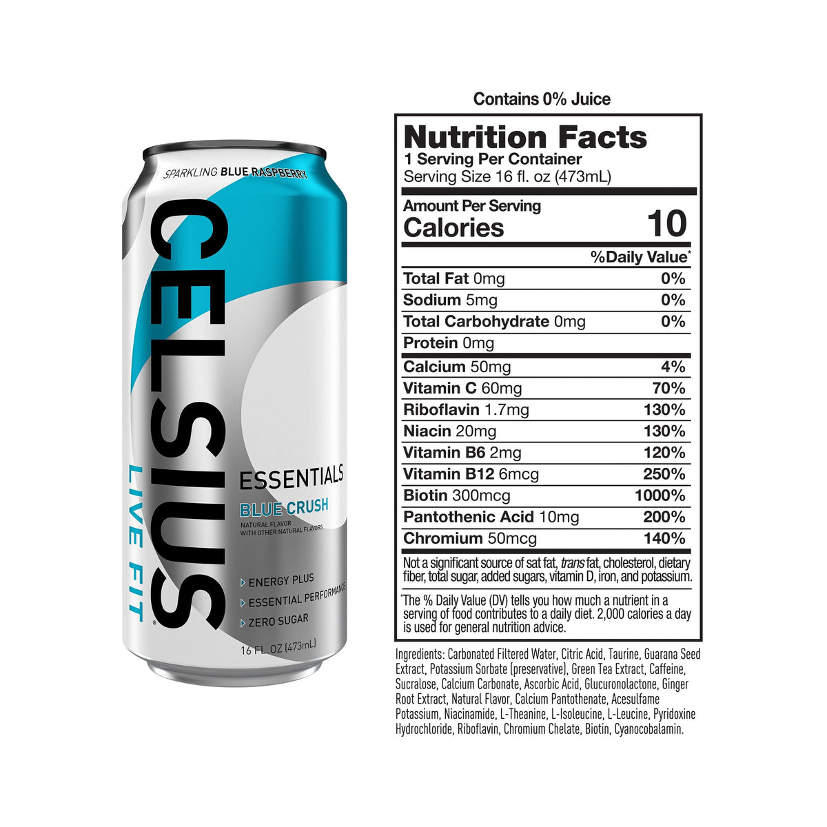 CELSIUS ESSENTIALS. Sparkling Blue Crush. Performance Energy Drink 16 fl oz (Pack of 12)