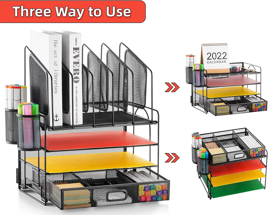 Marbrasse Mesh Desk Organizer with Drawer. 4-Tier File Holder